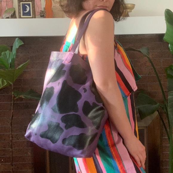 Hand painted Cow Print Leather Baggu Tote - Picture 4 of 4